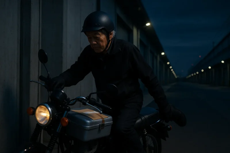 バイクの荷台に特例配送の荷物を固定する成瀬透のAI生成画像(創作画像)