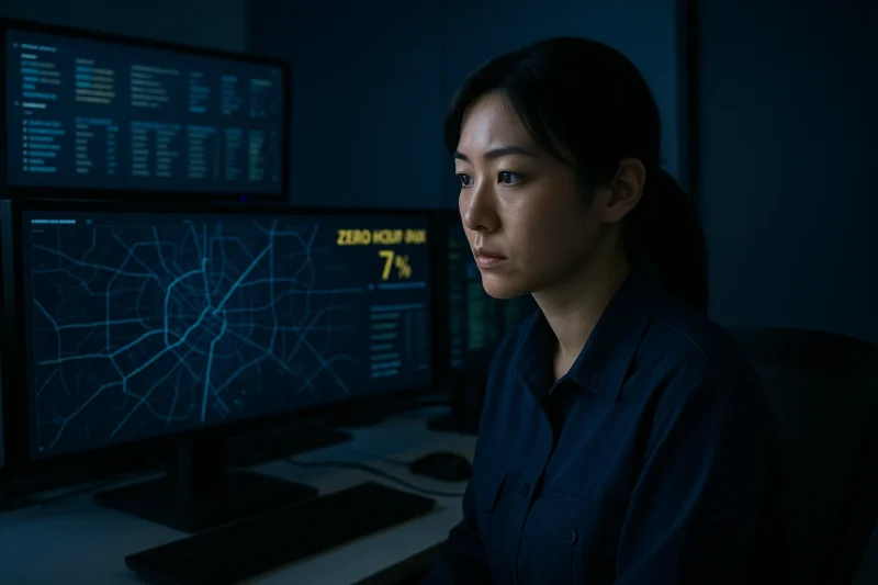 オペレーションセンターで大きなモニタを睨んでいる笹川灯のAI生成画像(創作画像)