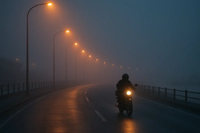 夜明け前、霧の中の港湾沿いの街灯で照らされた道路を走る成瀬透のオートバイのAI生成画像(創作画像)