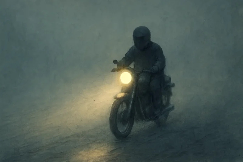 物流が止まった中、濃霧の奥に進む成瀬透のオートバイのAI生成画像（創作画像）