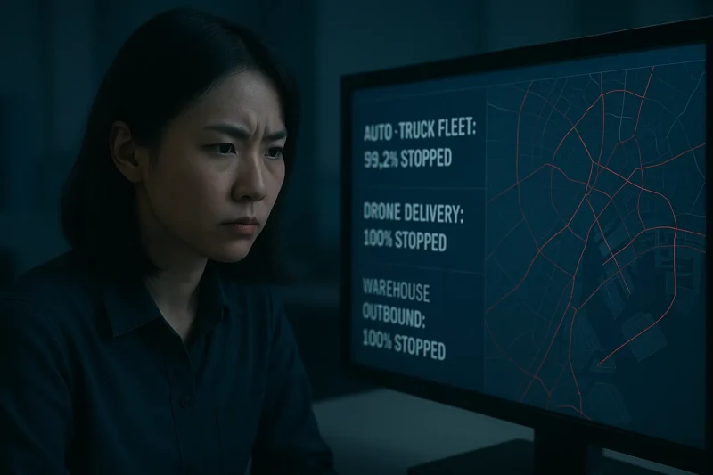 物流の完全停止を示すモニターを厳しい顔で見つめる笹川灯のAI生成画像（創作画像）