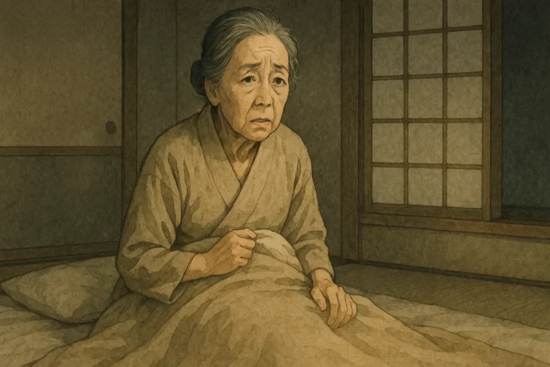 上体を起こし、不安な顔をしている相沢令子のAI生成画像（創作画像）