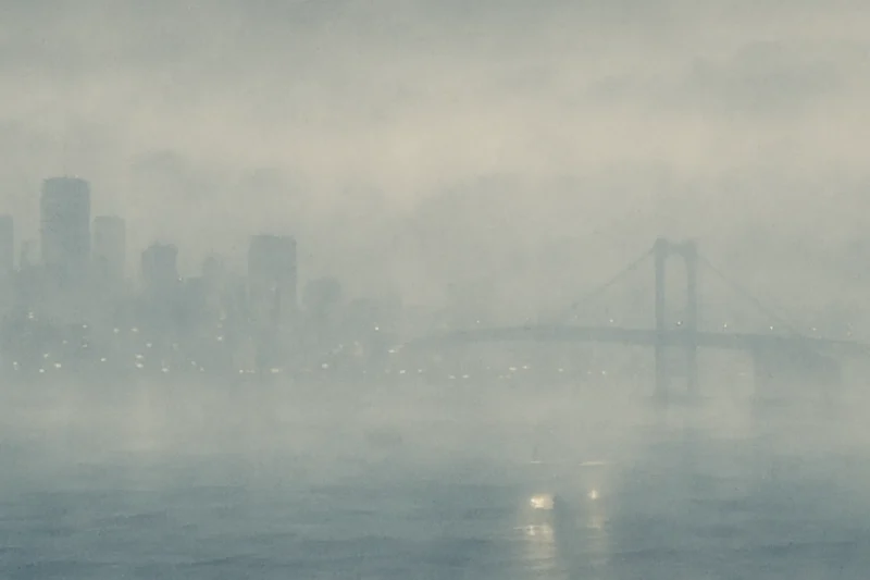 物流の完全停止を象徴するように濃霧に包まれたレインボーブリッジと東京都心のAI生成画像（創作画像）