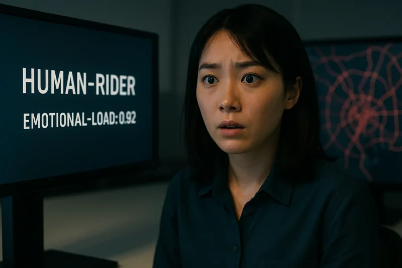 成瀬透の案件を示すモニターを驚きと疑問が入り混じった表情で見つめる笹川灯のAI生成画像(創作画像)