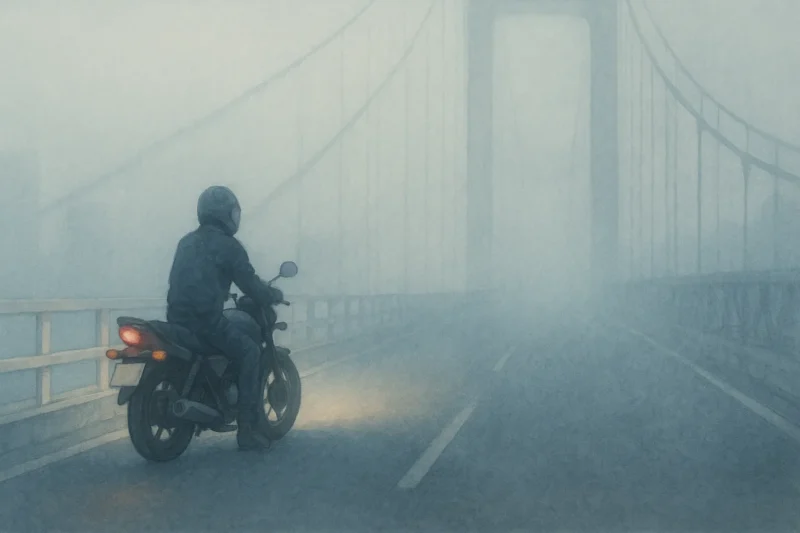 江東区側から江戸川へ向かう橋の手前で、一度だけバイクを止めた成瀬透のAI生成画像(創作画像)