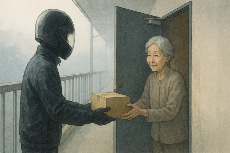 濃霧の中、無事に到着して荷物と手紙を相沢令子に手渡す成瀬透のAI生成画像(創作画像)