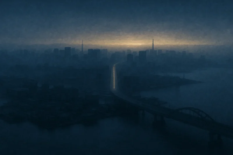 止まった湾岸に細い光が戻る。都市の復元線が静かに灯るAI生成画像（創作画像）