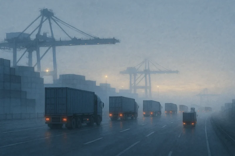 ゼロアワーが解除され、続々と出発する自動運転の大型トレーラー群のAI生成画像（創作画像）