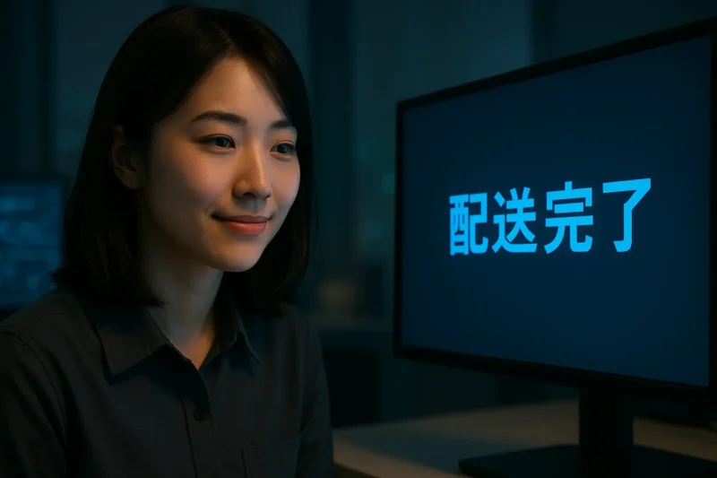 成瀬透の案件履歴に「配送完了」と表示されたモニターを見つめる笹川灯のAI生成画像（創作画像） 　そこには、ただ淡々と 　「配送完了」の文字が並んでいるだけだった。