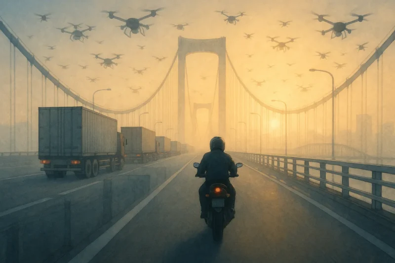 多数の荷物運搬用ドローンの下、自動運転の大型トレーラと並んでレインボーブリッジを走る成瀬透のオートバイはAI生成画像（創作画像）
