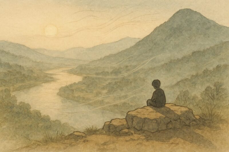 暗くなり始めた木曽川の流れを見下ろす少年のAI生成画像(創作画像)