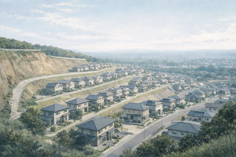 造成された丘陵の住宅地のAI生成画像(創作画像)