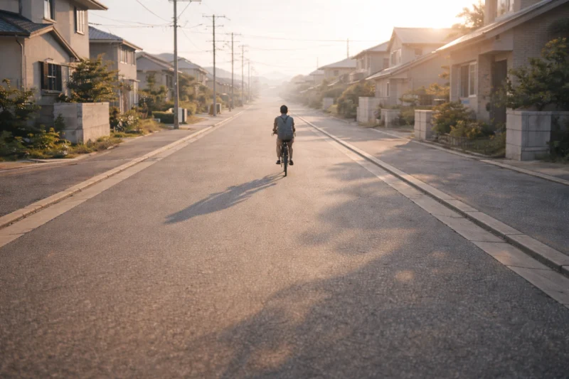 住宅地を走る自転車の朝のAI生成画像(創作画像)