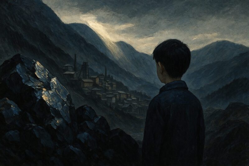 黒光りする鉱山の前で影を見る少年の後ろ姿のAI生成画像（創作画像）