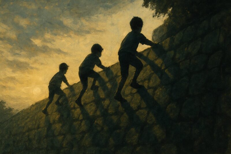 石垣を登る子どもたちと長く伸びる影のAI生成画像（創作画像）