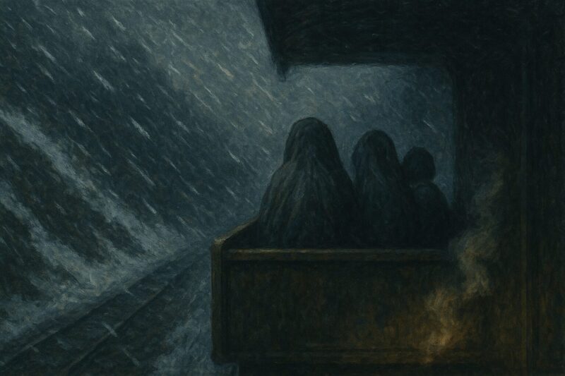 極寒の吹雪を走るトロッコの中で凍える母と姉とシンちゃんのAI生成画像（創作画像）