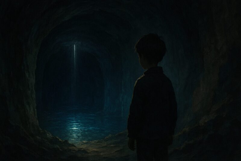 廃坑の闇に差し込む光とその奥の青い反射のAI生成画像（創作画像）