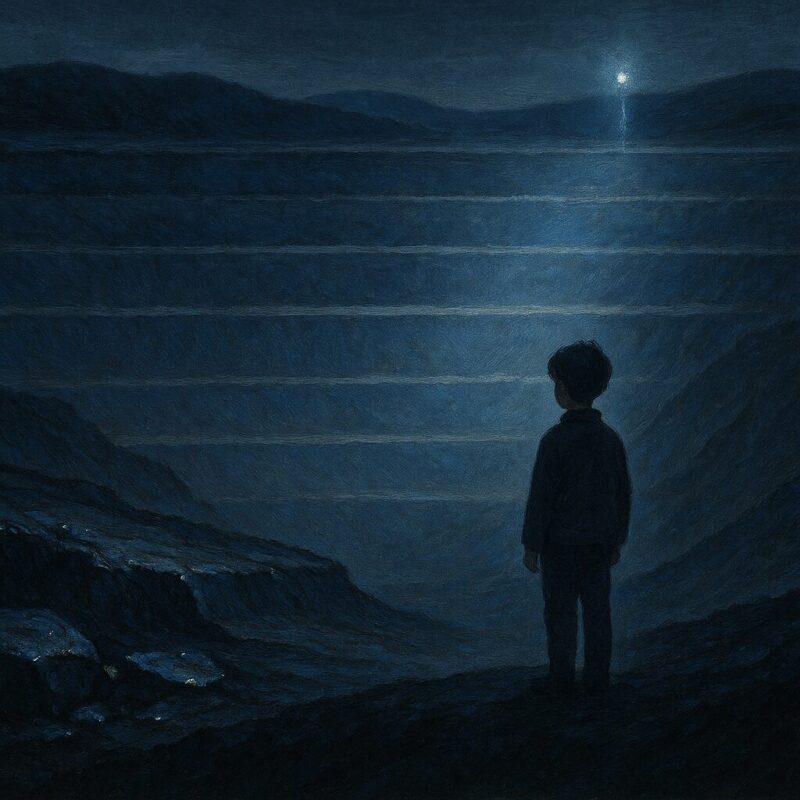 地層のように重なる影と光を見つめる少年のAI生成画像（創作画像）