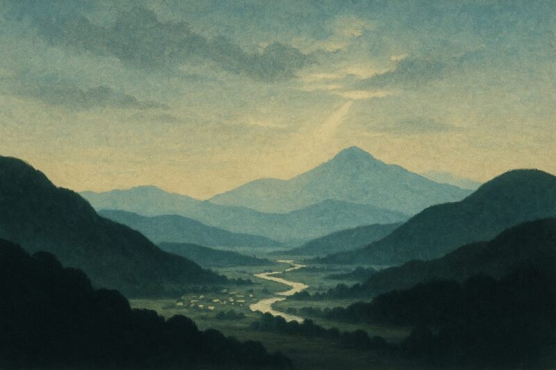 谷に細く開く夏空と加子母の山影のAI生成画像（創作画像）