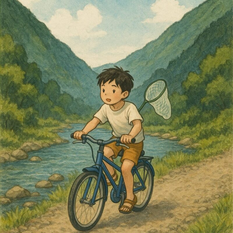 白川沿いの砂利道に伸びる自転車の影のAI生成画像（創作画像）