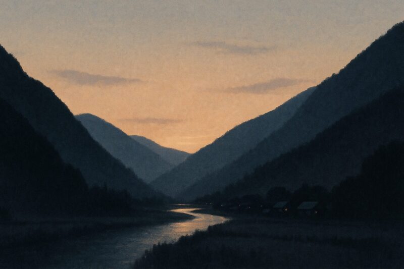 山稜が先に沈む谷間の夕暮れのAI生成画像（創作画像）