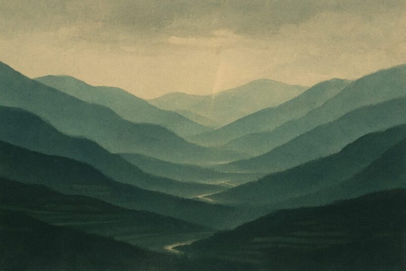 重なる山影の奥に細い光がのびる象徴的構図のAI生成画像（創作画像）