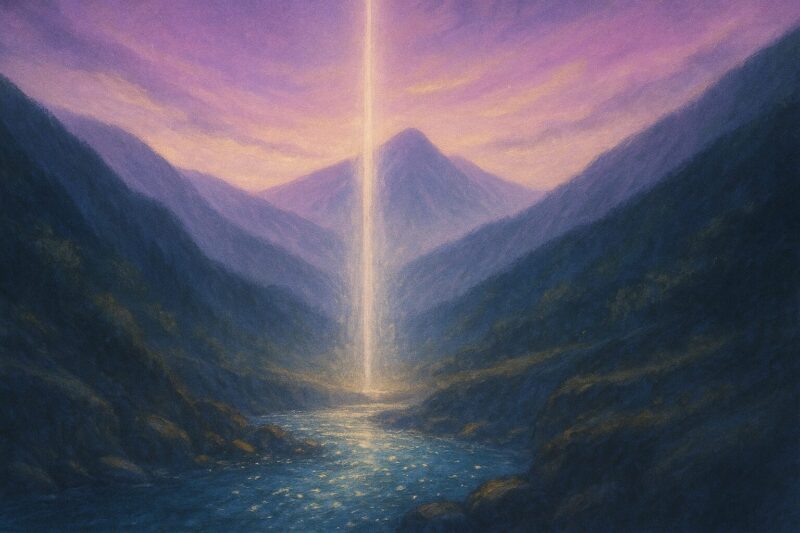 狭い谷を照らす光が小秀山へ伸びる象徴画のAI生成画像（創作画像）