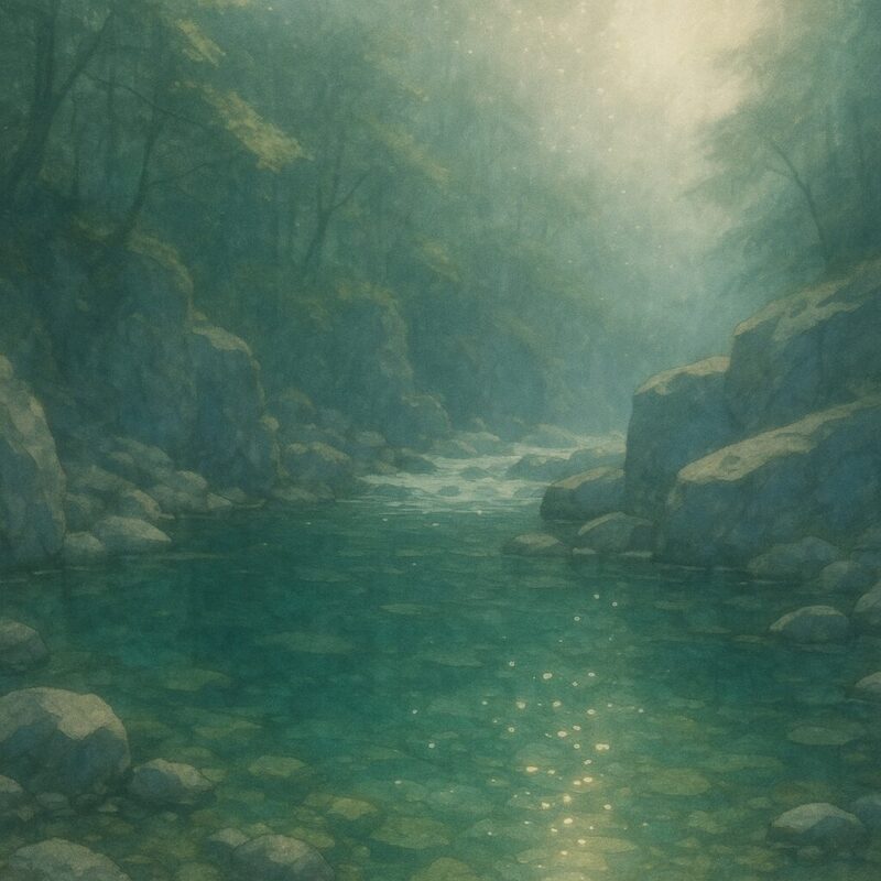 透明な渓谷の水に光が砕け散る情景のAI生成画像（創作画像）