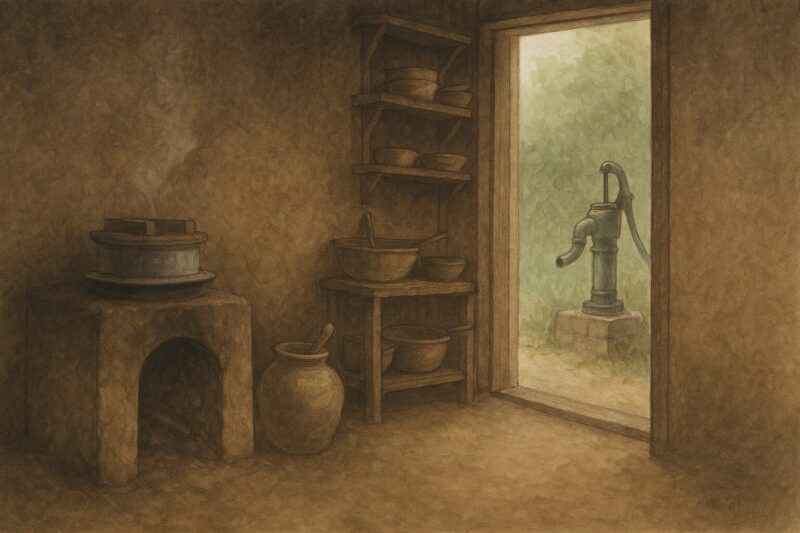 土間の上の竈門、水瓶、柄杓。木製の棚に置かれた鍋や桶。勝手口から見える手押しポンプ式の井戸のAI生成画像（創作画像）