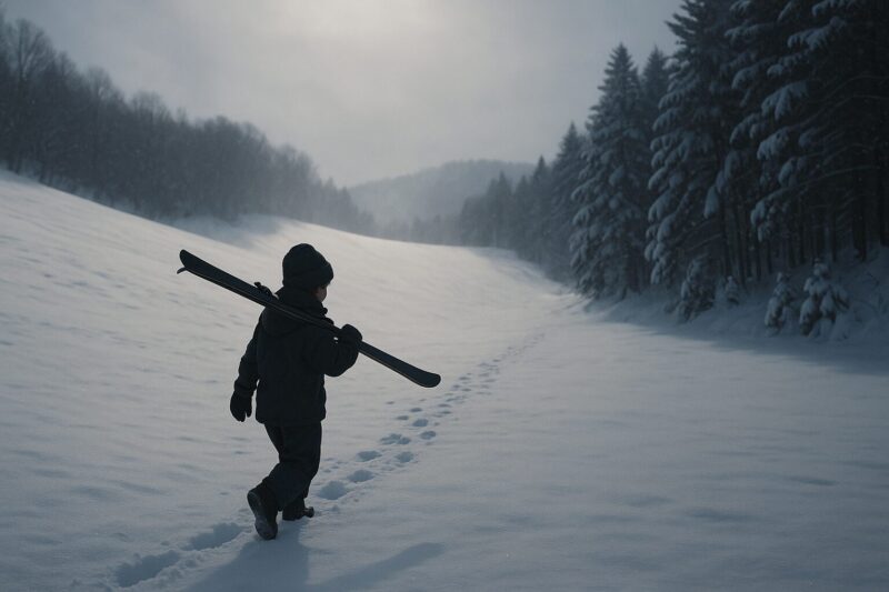 スキー板の担いでゲレンデを登る少年のAI生成画像（創作画像）