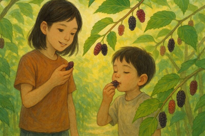 姉と二人で近所の桑畑で桑の実を頬張っている少年のAI生成画像（創作画像）