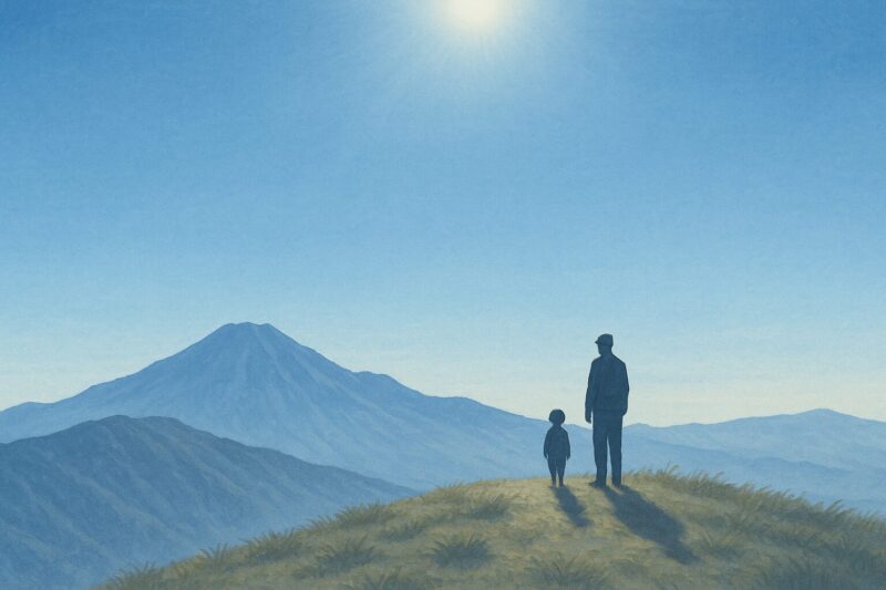小秀山山頂で広がる青空の下、父と子の影のAI生成画像（創作画像）