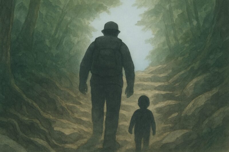 父の影を追う急峻な山道の朝のAI生成画像（創作画像）