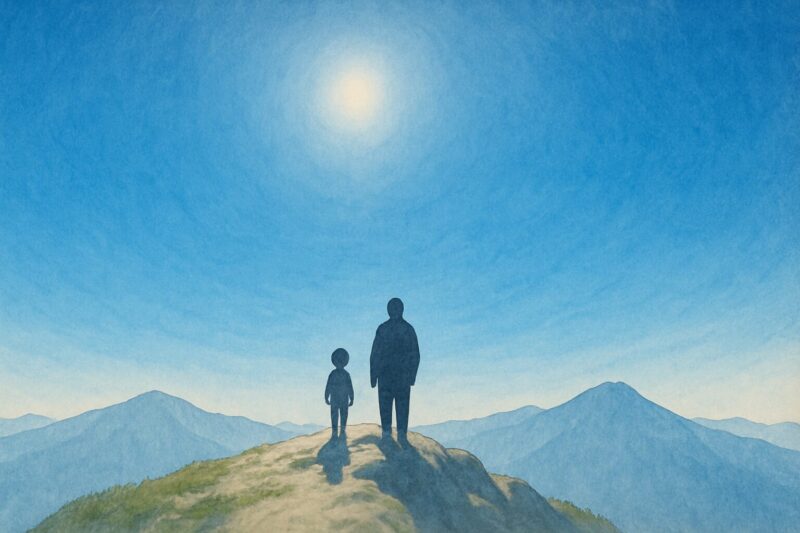 小秀山山頂で世界がひらける青一色の空のAI生成画像（創作画像）