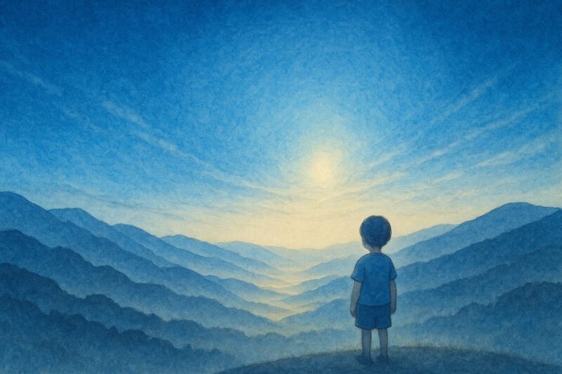 小秀山山頂の青が谷を塗り替える象徴の空のAI生成画像（創作画像）