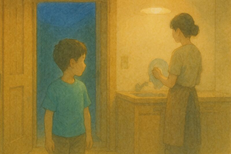 母の一言で心の変化に気づく夕刻の室内のAI生成画像（創作画像）