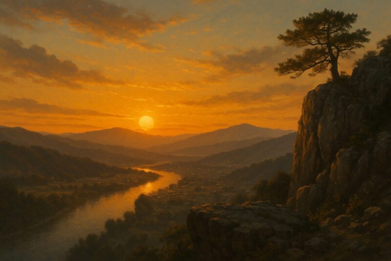 夕陽が岩場と木曽川を照らす中津川の景色のAI生成画像（創作画像）