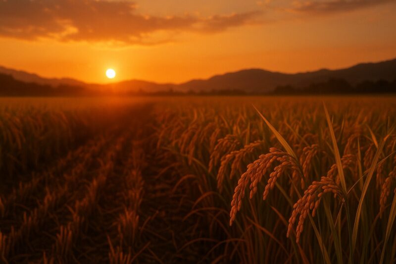 黄金の稲穂が風に揺れる苗木の水田のAI生成画像（創作画像）