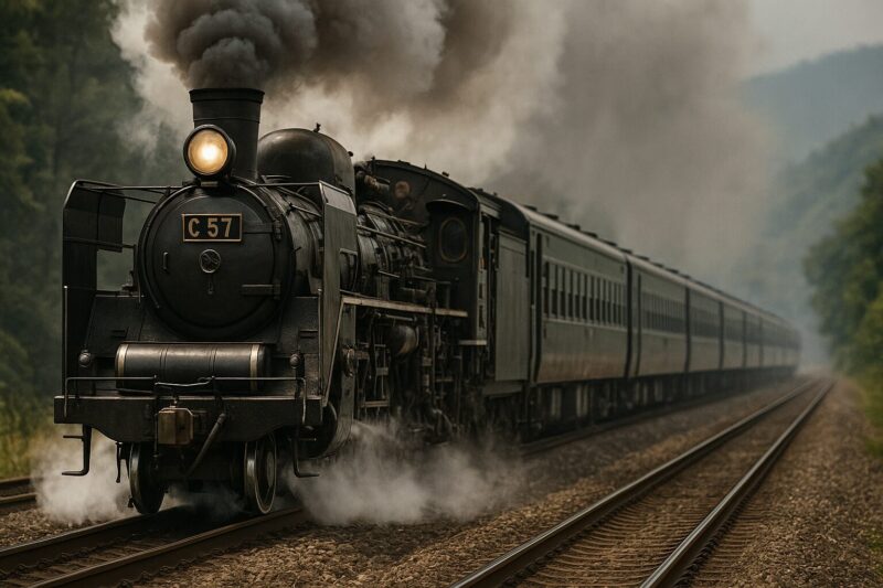 冬の線路を進む蒸気機関車の遠景AI生成画像（創作画像）