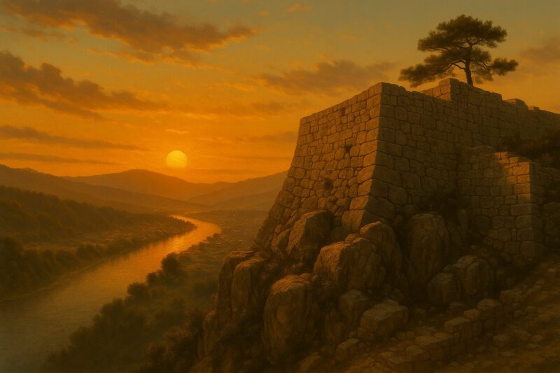 夕陽に染まる苗木の城山（苗木城跡）と木曽川のAI生成画像（創作画像）