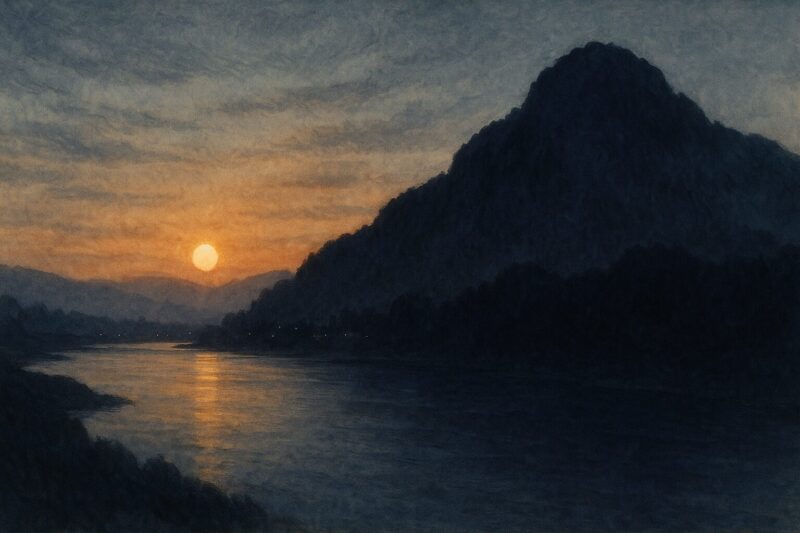 夕金の木曽川に影が重なる夕刻の山影のAI生成画像(創作画像)