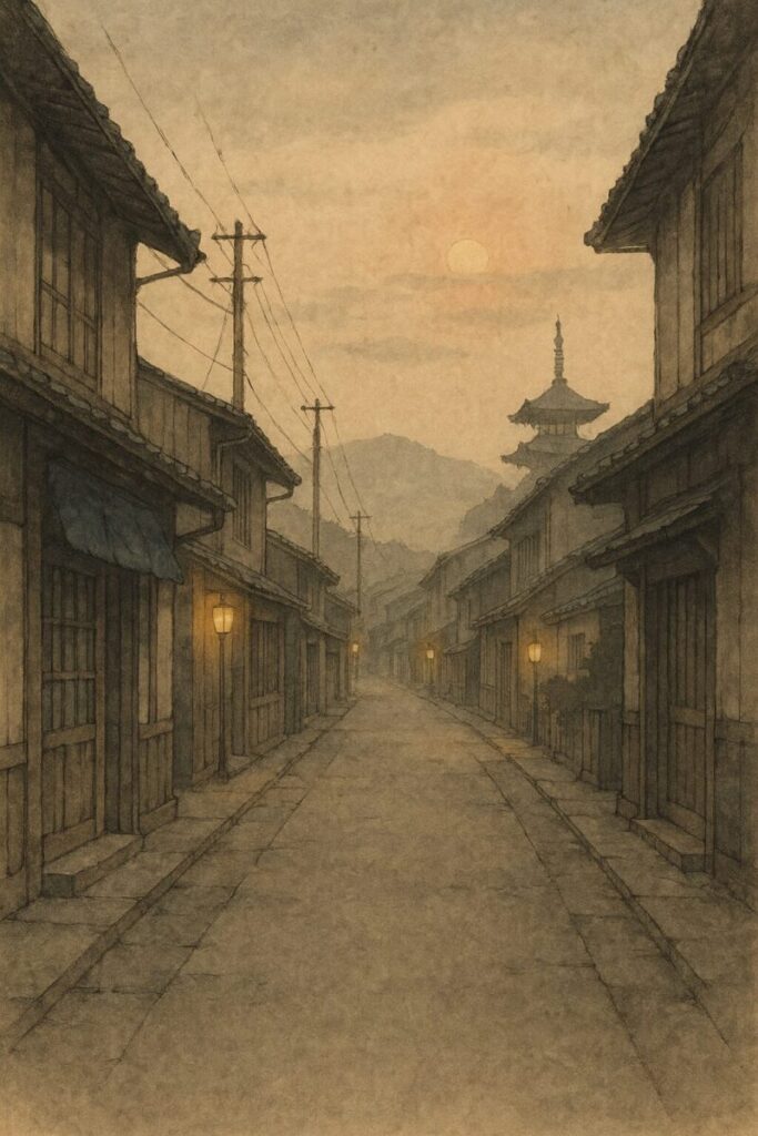 朝の本町に薄い影が落ちる静かな通りのAI生成画像(創作画像)