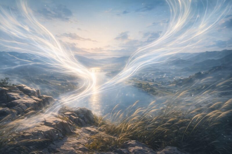 城山の岩場を抜ける風が光と影を運ぶAI生成画像(創作画像)