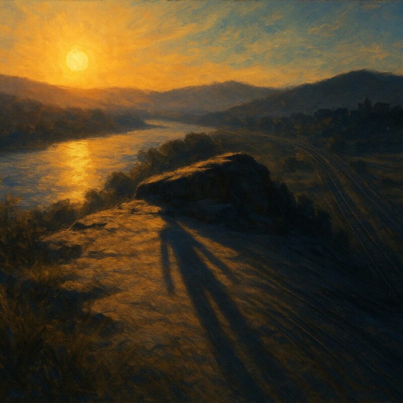 夕陽に伸びた影が川面の光と重なるAI生成画像(創作画像)