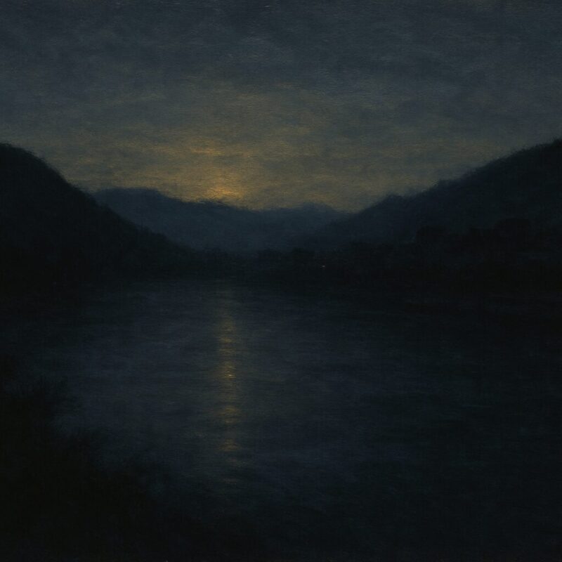 夕陽の残光が木曽川に細い光を落とすAI生成画像(創作画像)