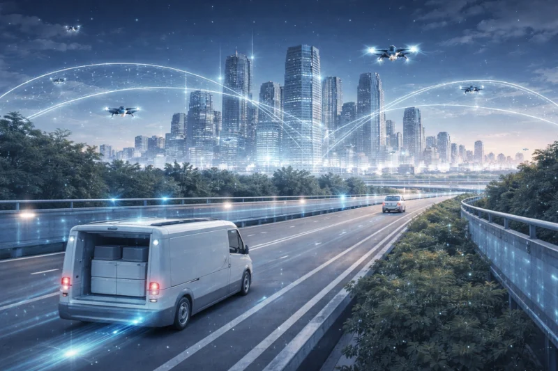 都市の空を横切る無人輸送のAI生成画像（創作画像）