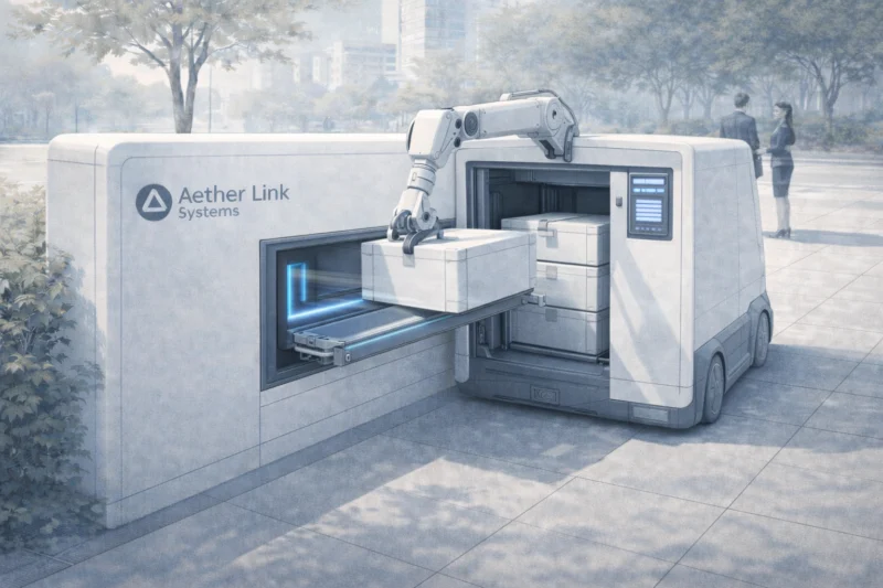 自動運転キャリアから白い荷受けポートに吸い込まれるケースのAI生成画像（創作画像）