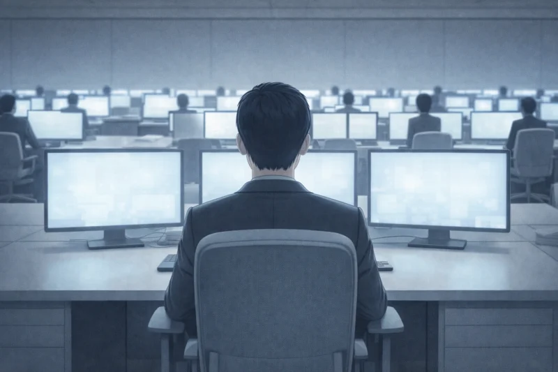 背中越しに並ぶ静かな承認席のAI生成画像（創作画像）