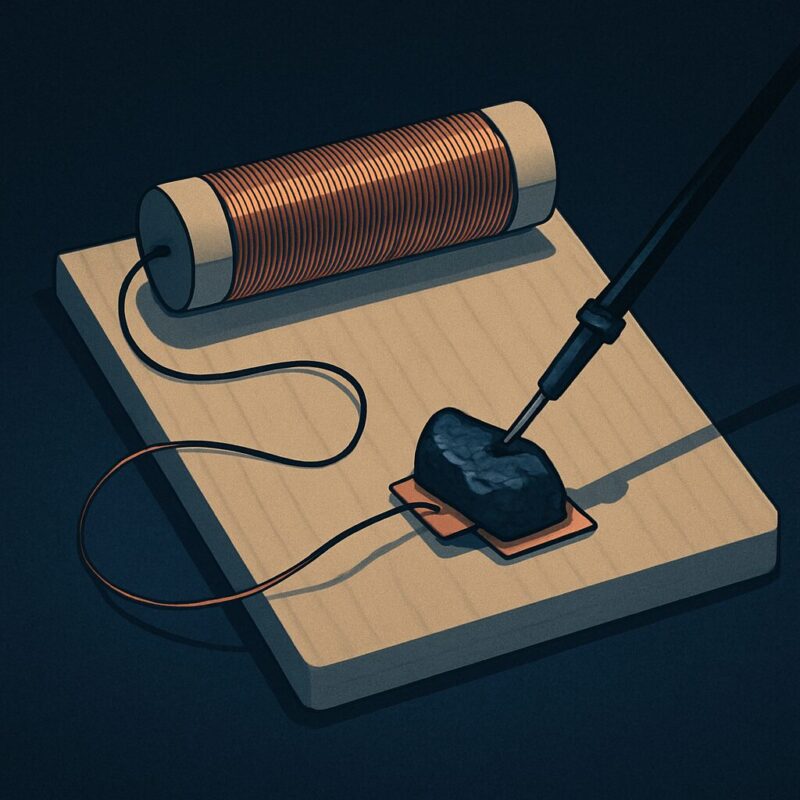 木板に組まれた鉱石ラジオと銅線の回路のAI生成画像(創作画像)