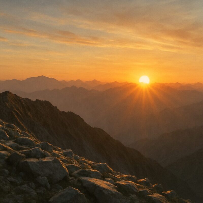 山脈の端から顔を出した夜明け直後の太陽のAI生成画像(創作画像)